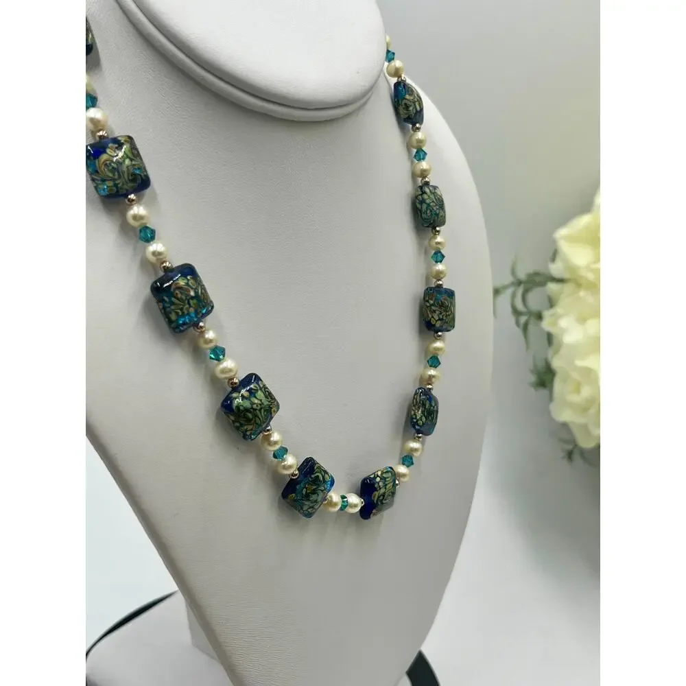 Murano Glass Necklace Sterling Silver Clasp Freshwater Pearls Blue Gold Van Gogh